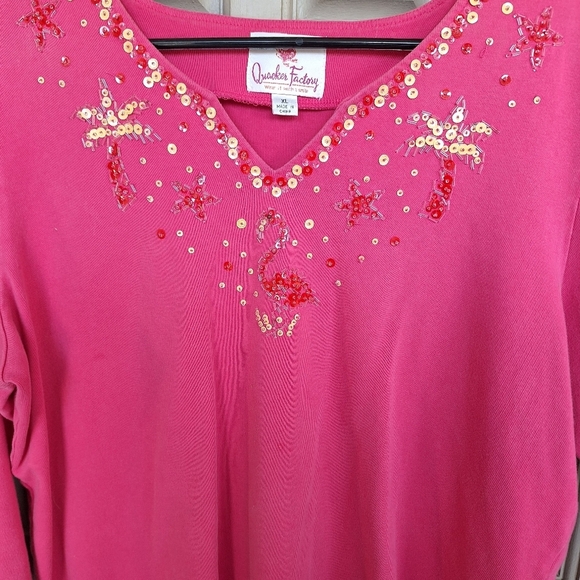 Quacker Factory Pullover Pink Sequins V Neck SzXL 3/4Sleeves 100% Cotton Quality - Picture 5 of 10